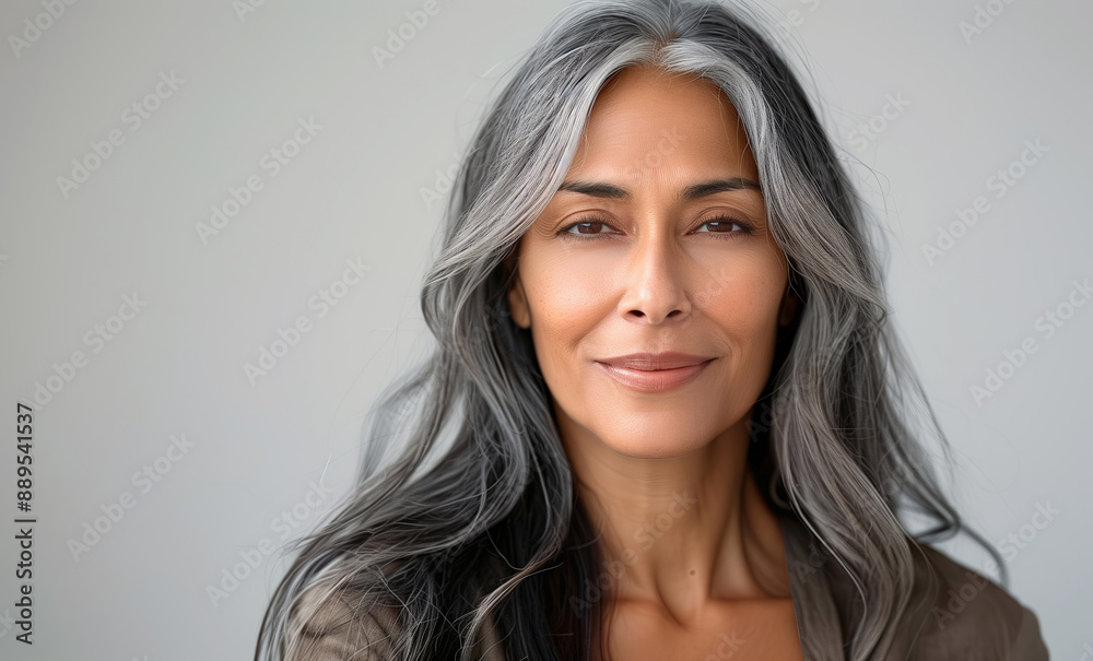 Natural beauty portrait of serene and elegant mature Indian woman with grey hair. Female slightly smiling. Light background studio shot. Natural female beauty and fascinating aging concept. Natural beauty portrait of serene and elegant mature Indian woman with grey hair. Female slightly smiling. Light background studio shot. Natural female beauty and fascinating aging concept.