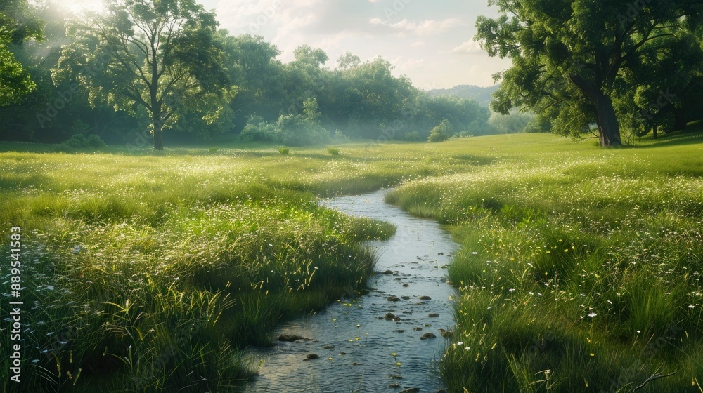 Obraz premium A serene meadow with a gentle stream.