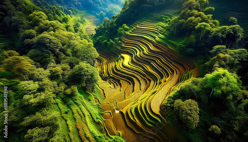 Endless rice fields in the mountains, areal view of a rice terraces on mountain slopes