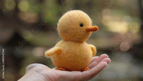 Hand holding a cute, yellow felt duck photo