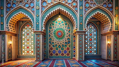 Intricately designed Arabic-inspired mosque 3D relief wallpaper with vibrant colors and geometric patterns, adding luxurious ambiance to modern interior spaces.