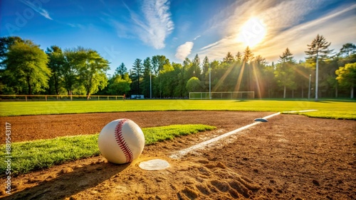 A sunny day at the softball field, lush green grass, crisp white lines, and a lone softball resting on the pitcher's mound awaits.