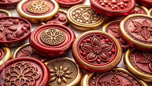 Elegant assortment of ornate wax seals featuring crimson hues, golden accents, and festive designs for luxurious invitations and special occasions.