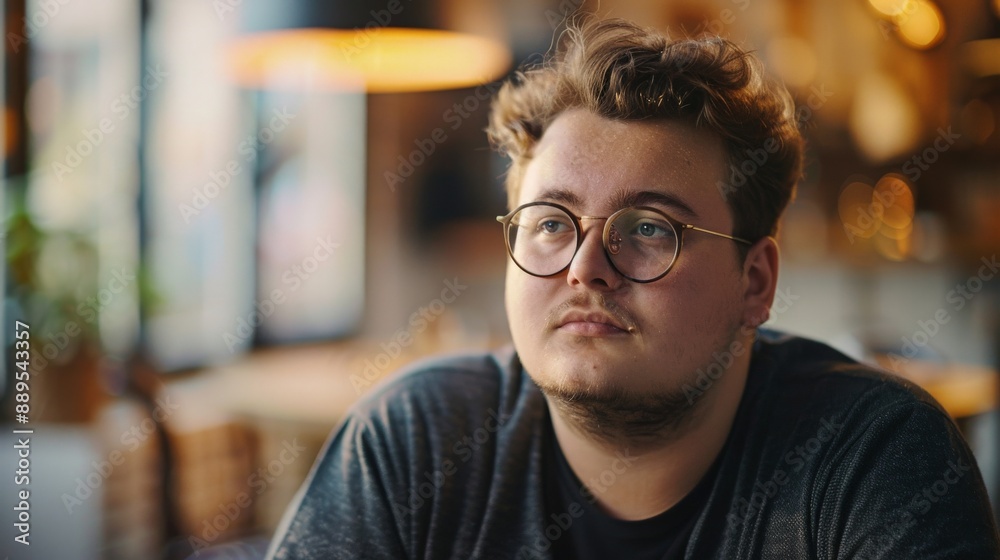 Obraz premium Young man wearing glasses sits thoughtfully in a cafe