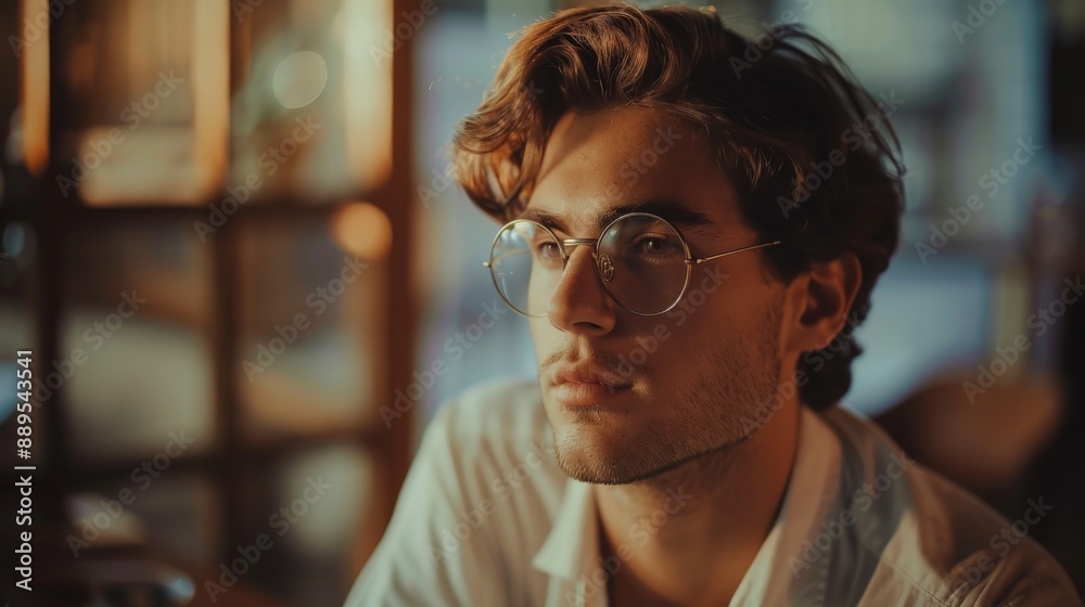 A young man wearing glasses thoughtfully looks away from the camera