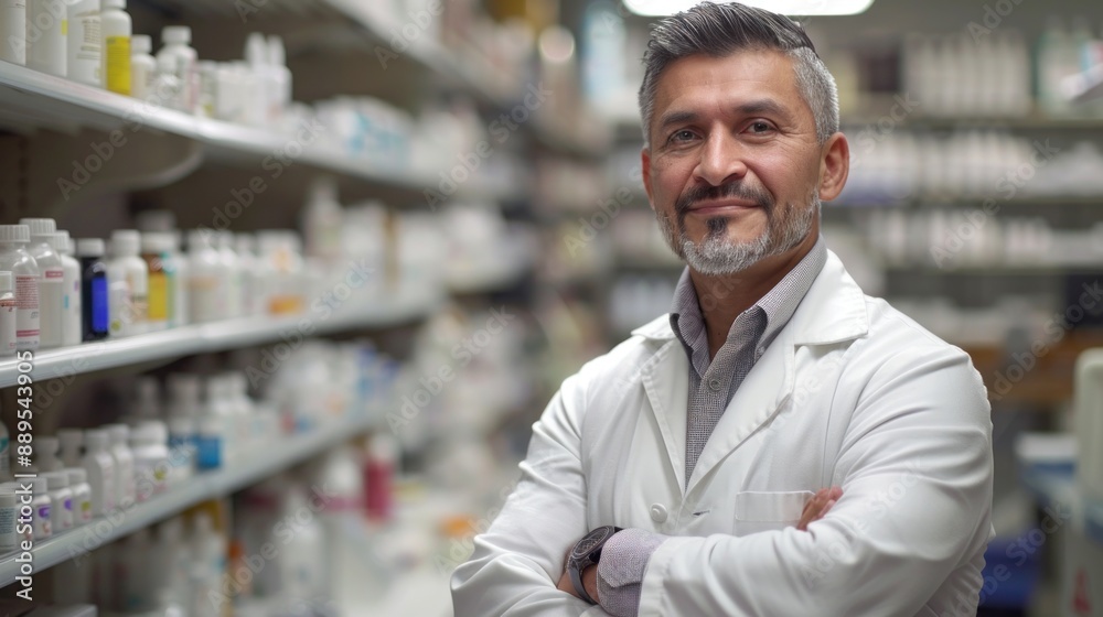 A man in a white lab coat stands in front of a pharmacy shelf. He is smiling and he is proud of his work A man in a white lab coat stands in front of a pharmacy shelf. He is smiling and he is proud of his work
