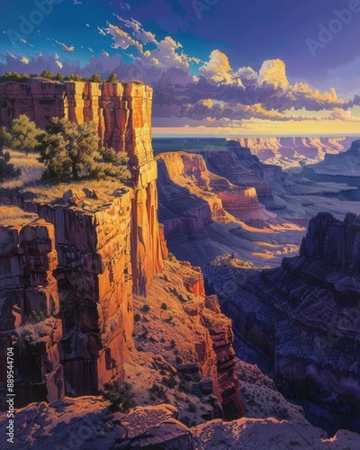 Majestic sandstone cliffs, dramatic lighting, sweeping desert views, wideangle, rich colors