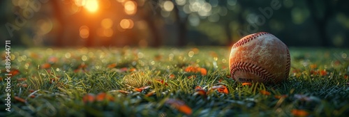 A generative AI artwork captures the essence of baseball season with a ball on a manicured field.