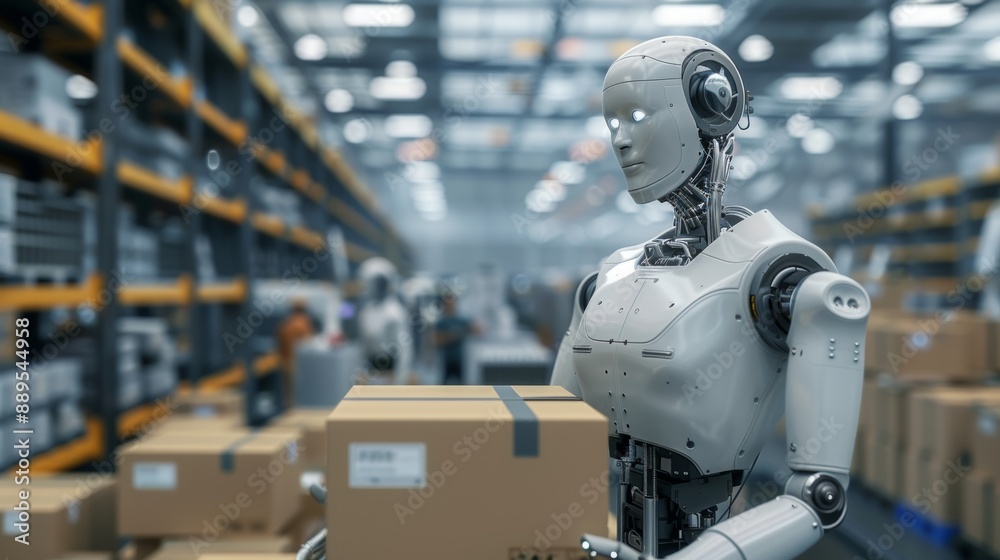 This image shows a robot welding a metal beam in a large, dark factory. This image shows a robot welding a metal beam in a large, dark factory.
