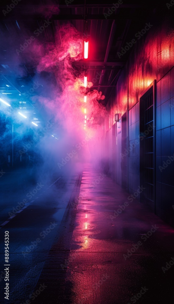 Naklejka premium Dynamic soccer field emerges from neon fog, intensifying sporting spectacle.