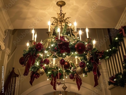 Festive holiday chandelier decorated with ornaments, ribbons, and twinkling lights photo