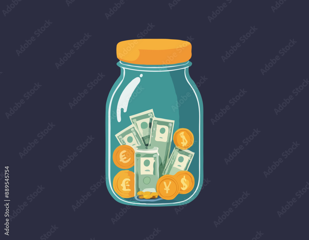 Glass jar with coins inside, bank with money, financial question, saving money vector illustration Glass jar with coins inside, bank with money, financial question, saving money vector illustration
