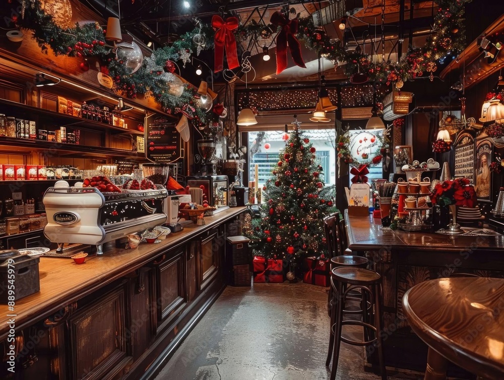 Christmas-themed coffee shop, with holiday drinks, decorations, and a warm, cozy atmosphere Christmas-themed coffee shop, with holiday drinks, decorations, and a warm, cozy atmosphere