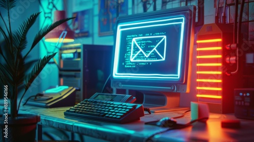 Retro Computer with Neon Email Icon.