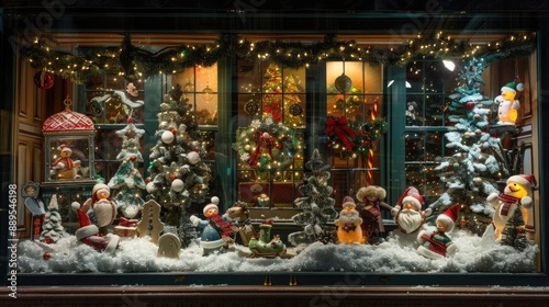 Christmas window display with animated figures, lights, and a magical holiday scene