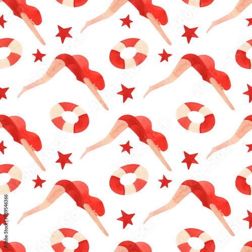 Women's diving. Vintage style. Seamless watercolor pattern, hand drawn. White background. photo