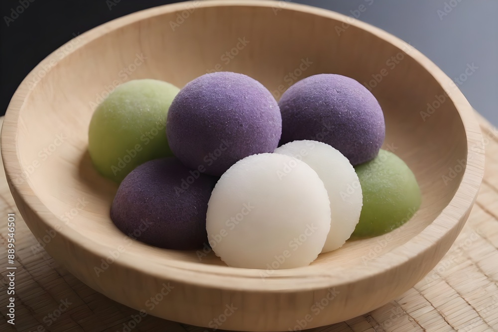 Japanese ice cream Mochi in rice dough. Traditional Japanese dessert on a light background. Selective focus Japanese ice cream Mochi in rice dough. Traditional Japanese dessert on a light background. Selective focus