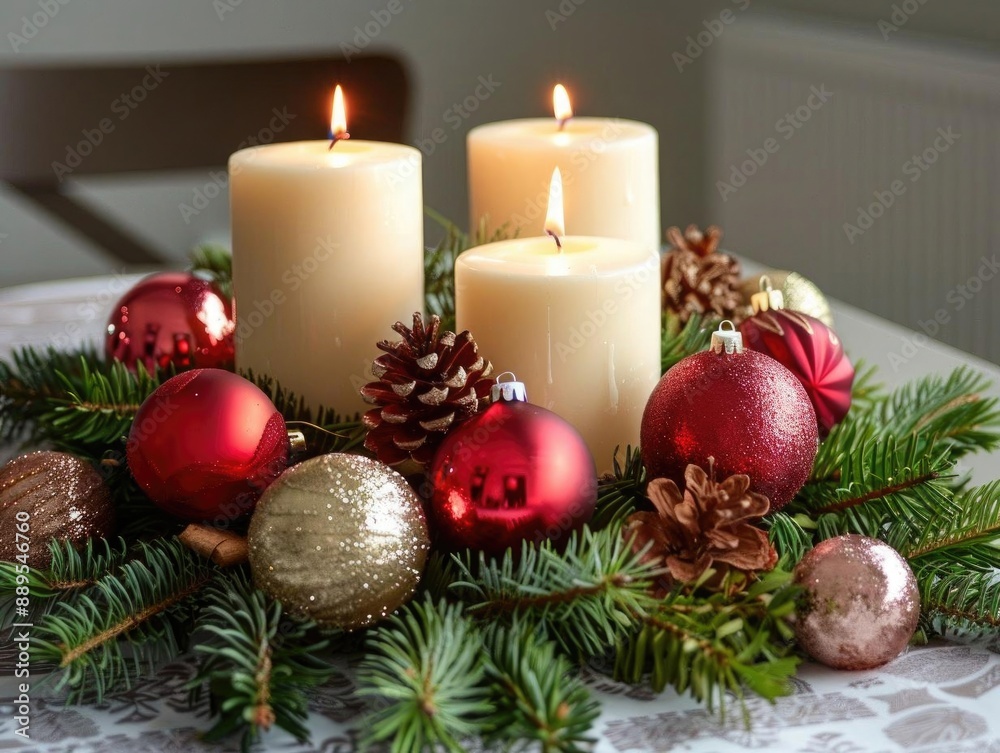 Christmas centerpiece with candles, pine branches, and festive ornaments, perfect for holiday dining Christmas centerpiece with candles, pine branches, and festive ornaments, perfect for holiday dining