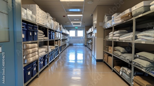 A large room with many shelves of white towels and pillows. The room is very clean and organized © evgenia_lo