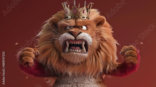 A cartoon lion with a crown on his head is angry and has his mouth open