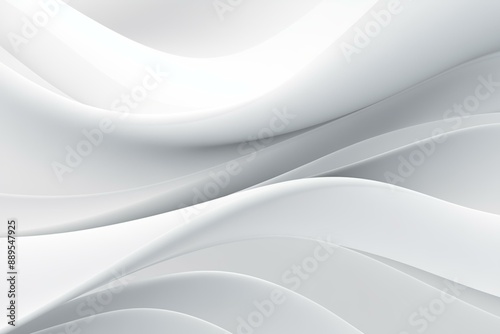 Abstract white and light gray wave pattern with smooth gradients and flowing curves. The sleek design creates a sense of movement and depth, perfect for modern backgrounds or artistic projects.