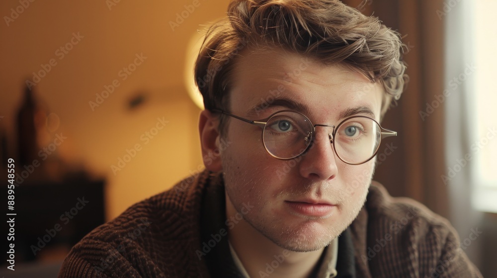 A young man wearing glasses gazes thoughtfully into the distance A young man wearing glasses gazes thoughtfully into the distance