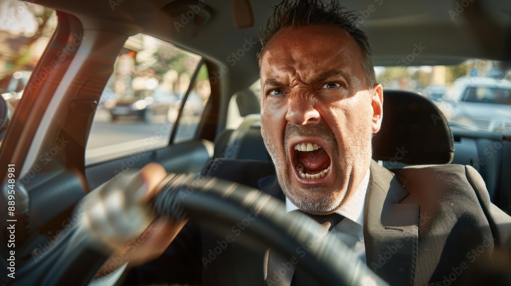 Angry male car driver yells at other drivers and pedestrians who ...