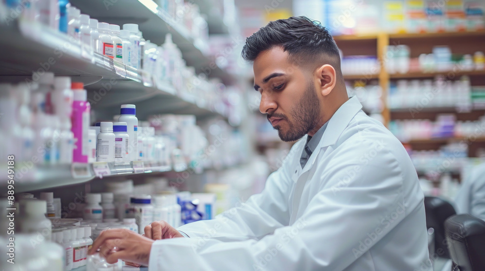 A man in a white lab coat is looking at a shelf of medicine. He is focused on the task at hand, possibly selecting a specific medication for a patient. Concept of professionalism and responsibility A man in a white lab coat is looking at a shelf of medicine. He is focused on the task at hand, possibly selecting a specific medication for a patient. Concept of professionalism and responsibility