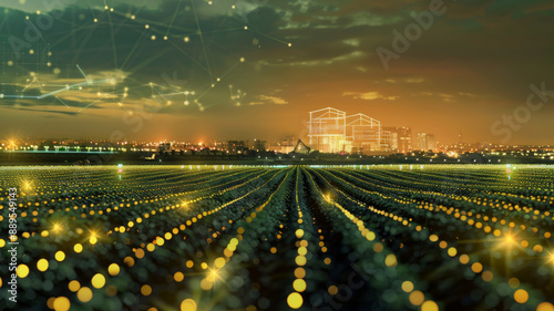 An illuminated agricultural landscape at dusk, integrating digital technology with natural growth in an urban setting.