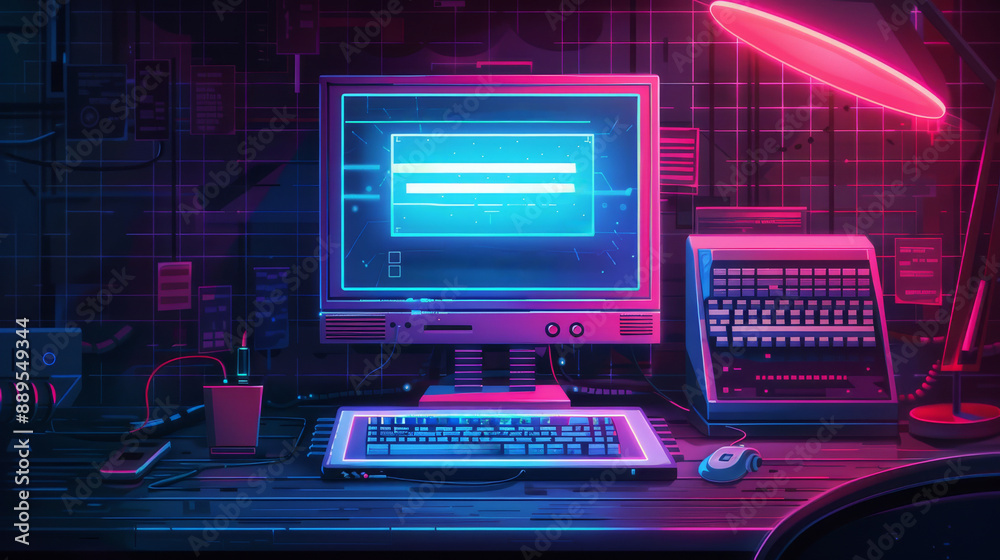 Retro Computer Desktop with Neon Lights. Retro Computer Desktop with Neon Lights.