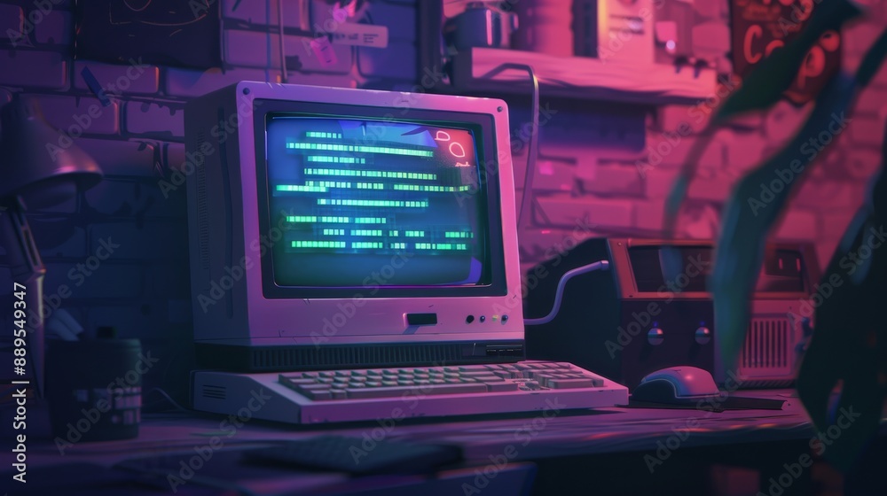 Retro Computer in Neon Light. Retro Computer in Neon Light.