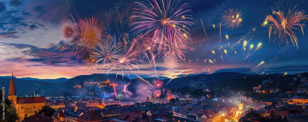 Vibrant firework display over a historic town, bright colors filling the night sky, intricate details, festive celebration Vibrant firework display over a historic town, bright colors filling the night sky, intricate details, festive celebration