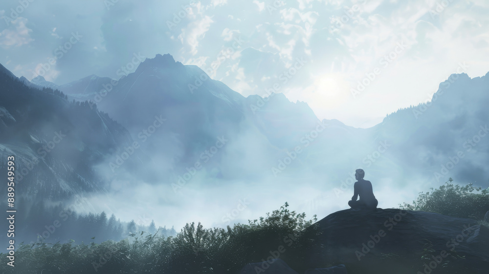A silhouetted figure meditates on a rock, overlooking a misty, majestic alpine landscape bathed in soft morning light. A silhouetted figure meditates on a rock, overlooking a misty, majestic alpine landscape bathed in soft morning light.