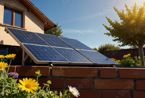 Modern house with solar panels on the roof and bright yellow flower garden. An environmentally friendly solution for today's residences, ideal for commercial and editorial use.