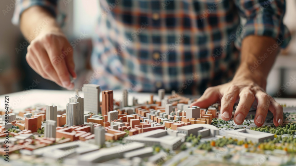 A person meticulously adjusts miniature buildings on an architectural scale model of a city, displaying a detailed urban layout. A person meticulously adjusts miniature buildings on an architectural scale model of a city, displaying a detailed urban layout.