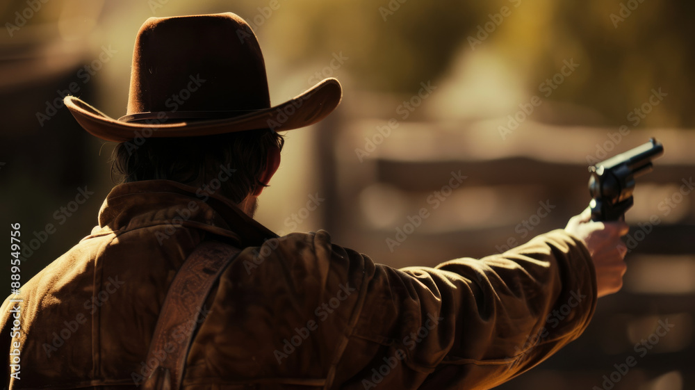 Fototapeta premium A cowboy, seen from behind, aims a revolver against a rustic, sunlit background, creating a tense and dramatic scene.