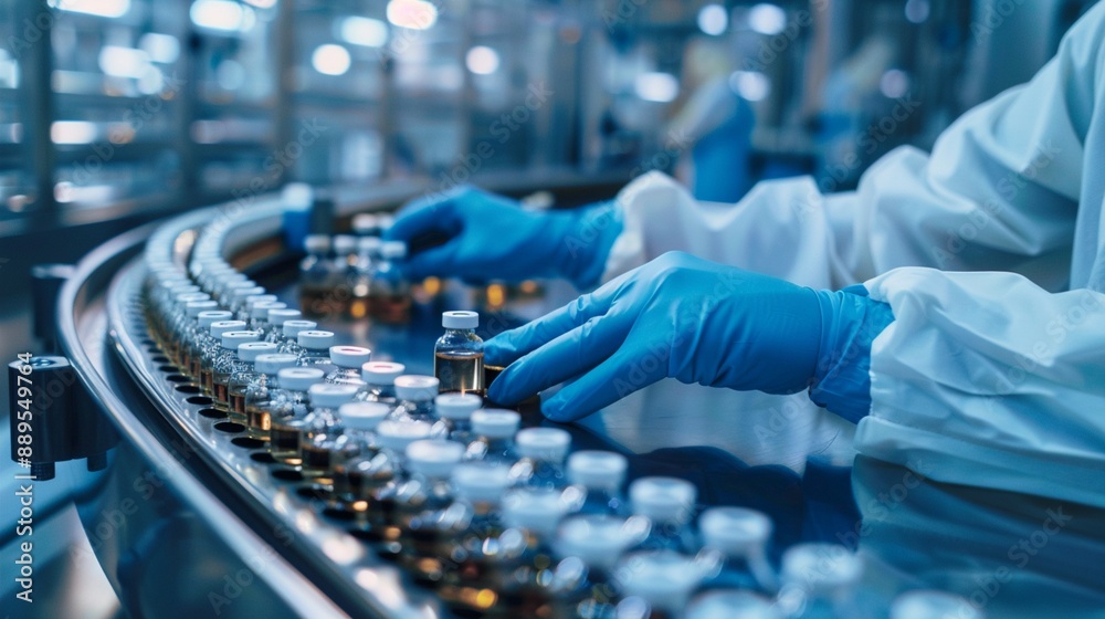 Pharmaceutical production line with gloved hands inspecting vials on conveyor belt, showcasing quality control in modern drug manufacturing facility. Pharmaceutical production line with gloved hands inspecting vials on conveyor belt, showcasing quality control in modern drug manufacturing facility.