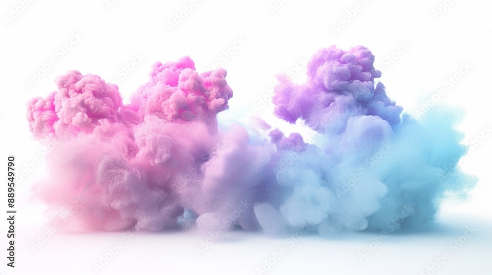 Ethereal pastel clouds of pink, purple, and blue smoke blend seamlessly, creating a dreamy and surreal atmosphere against a pristine white background.