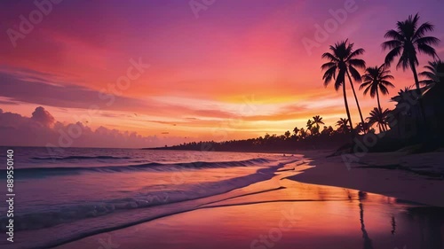 Pink sunset on ocean coast with palm trees. Quiet secluded resort in sea lagoon of tropical island with calm waves.