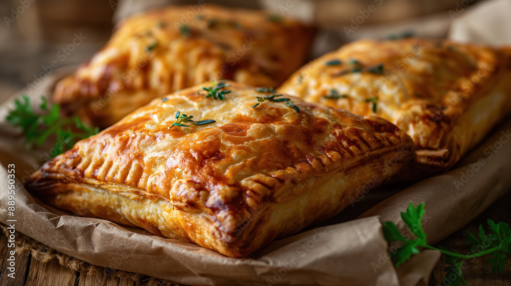 Three golden, flaky pastries topped with herbs, displayed on parchment paper, emphasizing their appetizing and freshly baked appearance.