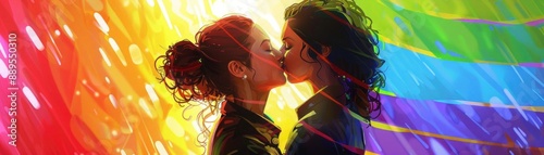 High-detail digital art of a diverse LGBTQ+ couple, kissing under a rainbow flag, radiant with love and pride, colorful background photo