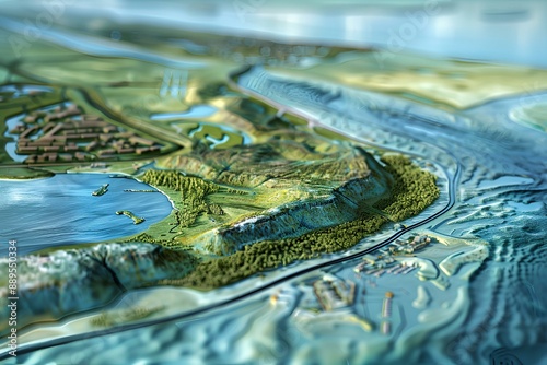 A close up of a model of a body of water