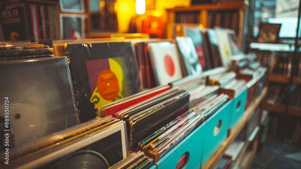A cozy record store packed with a vibrant collection of vinyl records is lit warmly, inviting music lovers into a nostalgic atmosphere. A cozy record store packed with a vibrant collection of vinyl records is lit warmly, inviting music lovers into a nostalgic atmosphere.