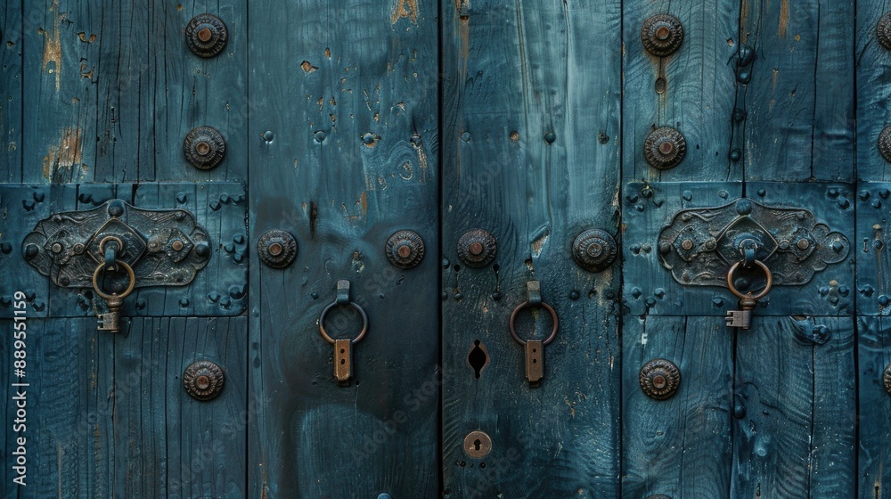 Set of doors securely locked with keys in keyholes Set of doors securely locked with keys in keyholes