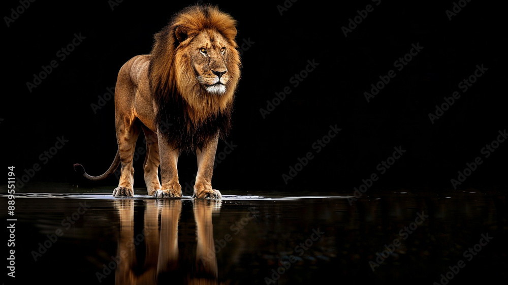Fototapeta premium A lion stands in the dark with water reflection on the ground.