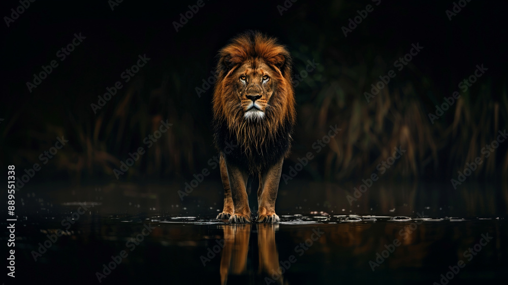 Fototapeta premium A lion stands in the dark with water reflection on the ground.