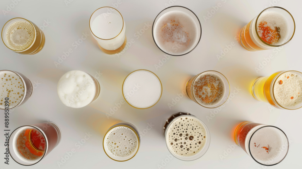 A top-down view of various beer glasses on a white surface, showcasing different types and colors of beers with frothy heads. A top-down view of various beer glasses on a white surface, showcasing different types and colors of beers with frothy heads.