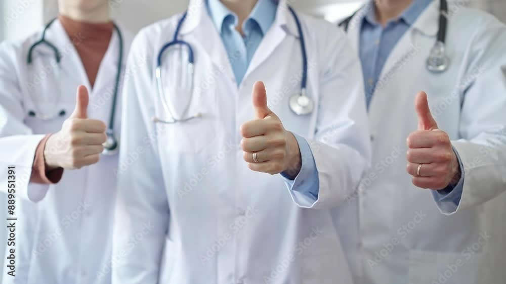 Group of doctors are are standing and showing thumbs up in hospital corridor. Medicine excellent service Group of doctors are are standing and showing thumbs up in hospital corridor. Medicine excellent service