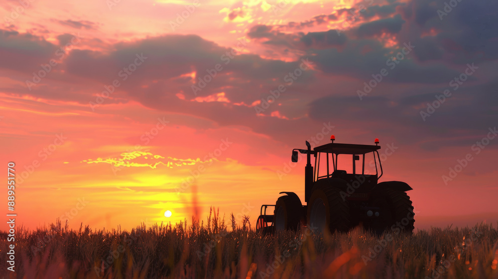 Fototapeta premium A tractor silhouette is fixed against a stunning sunset, evoking a sense of calm and the quiet end of a day’s hard work in the vast field.