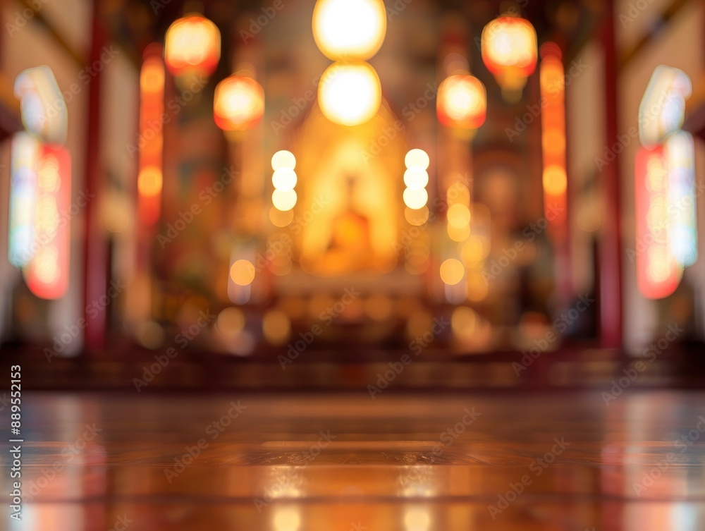 Blurred Buddhist temple interior with no people, classical interior, light colors, background, wallpaper